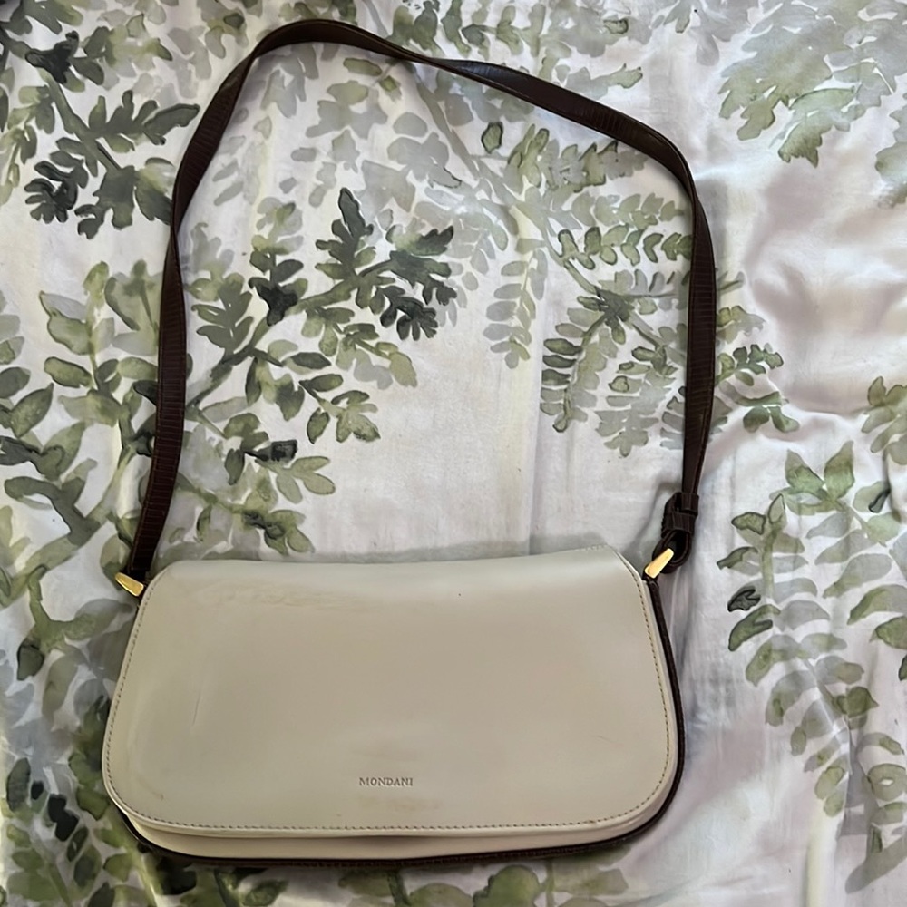 Available- Vintage Y2K Brown and Cream Faux Leather 2000s Shoulder Bag Small - Picture 2 of 5